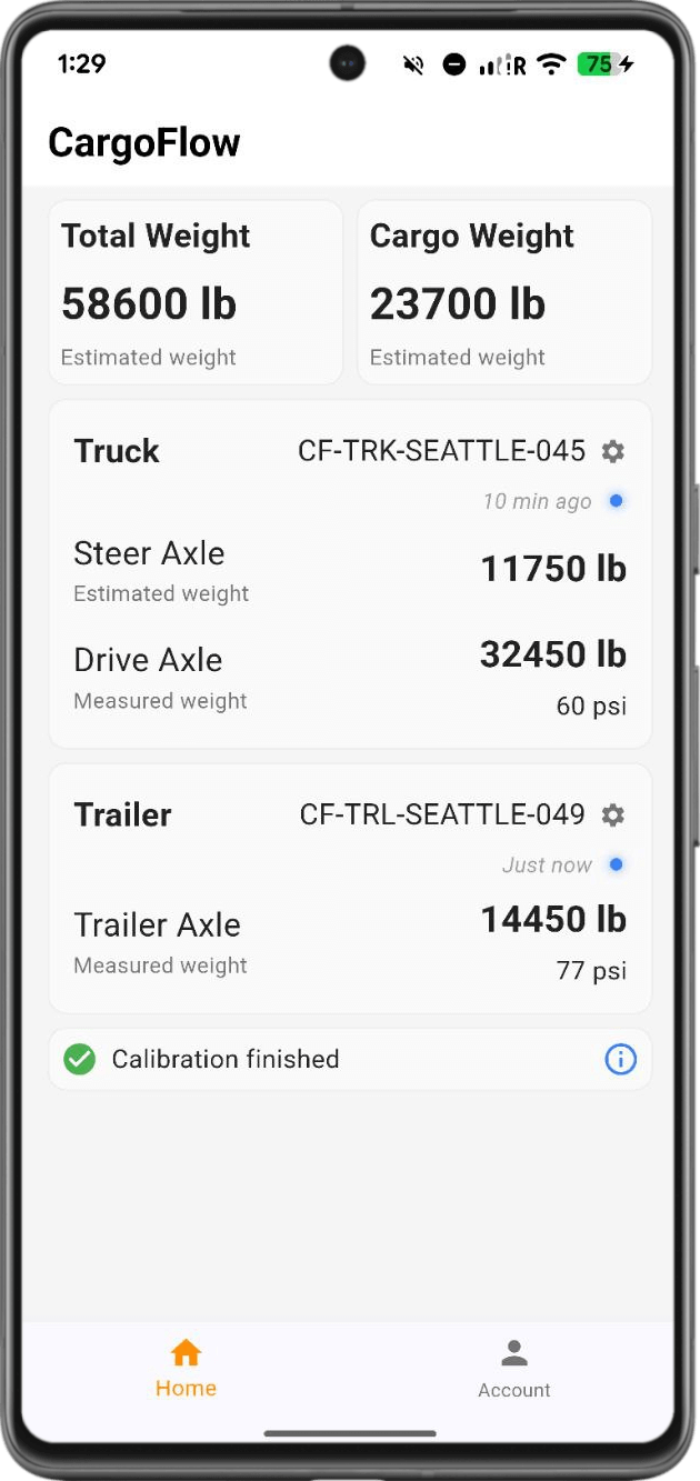 CargoFlow mobile app showing axle weight readings